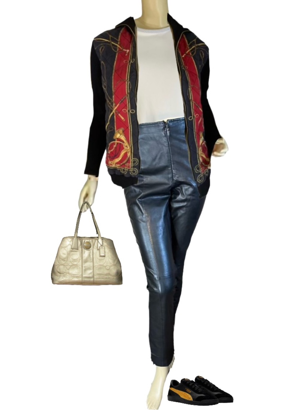 CACHE BLACK LEATHER STRAIGHT LEG TROUSERS (4)
